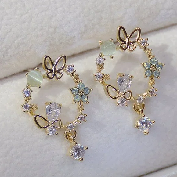 NEW 14K Gold Plated Diamond Flower Butterfly Circle Earrings - Picture 1 of 6